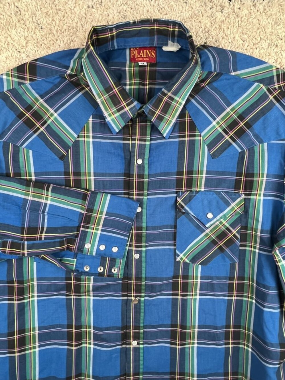Vintage Ely Plains Pearl Snap Western Shirt Mens XL Green Blue Plaid Casual